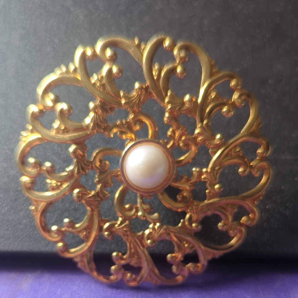 Vintage Avon Gold Filigree Brooch with Pearl Accent